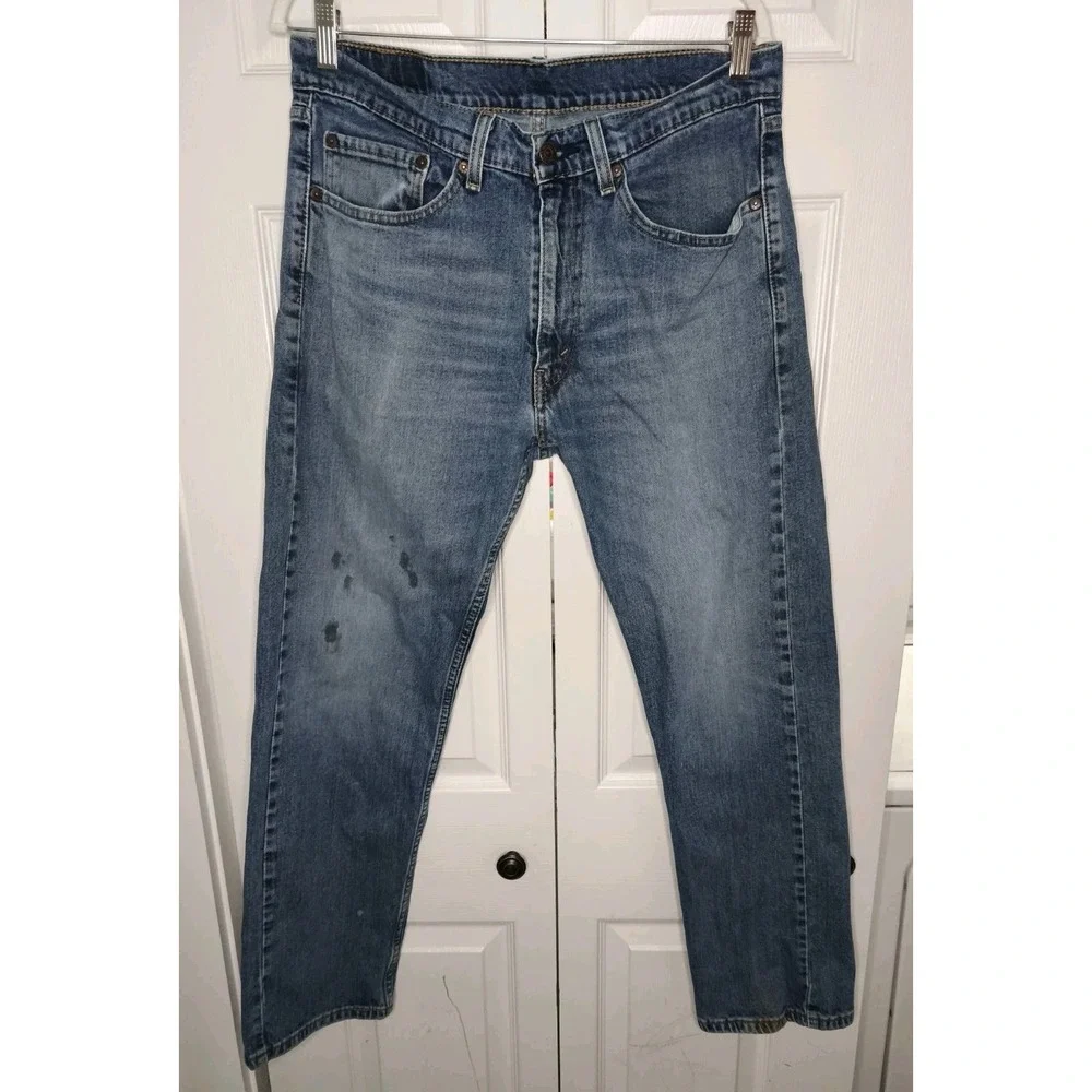Levis 505 Jeans Mens 34x30 Blue Denim Straight Leg Light Wash Distressed Zip Fly